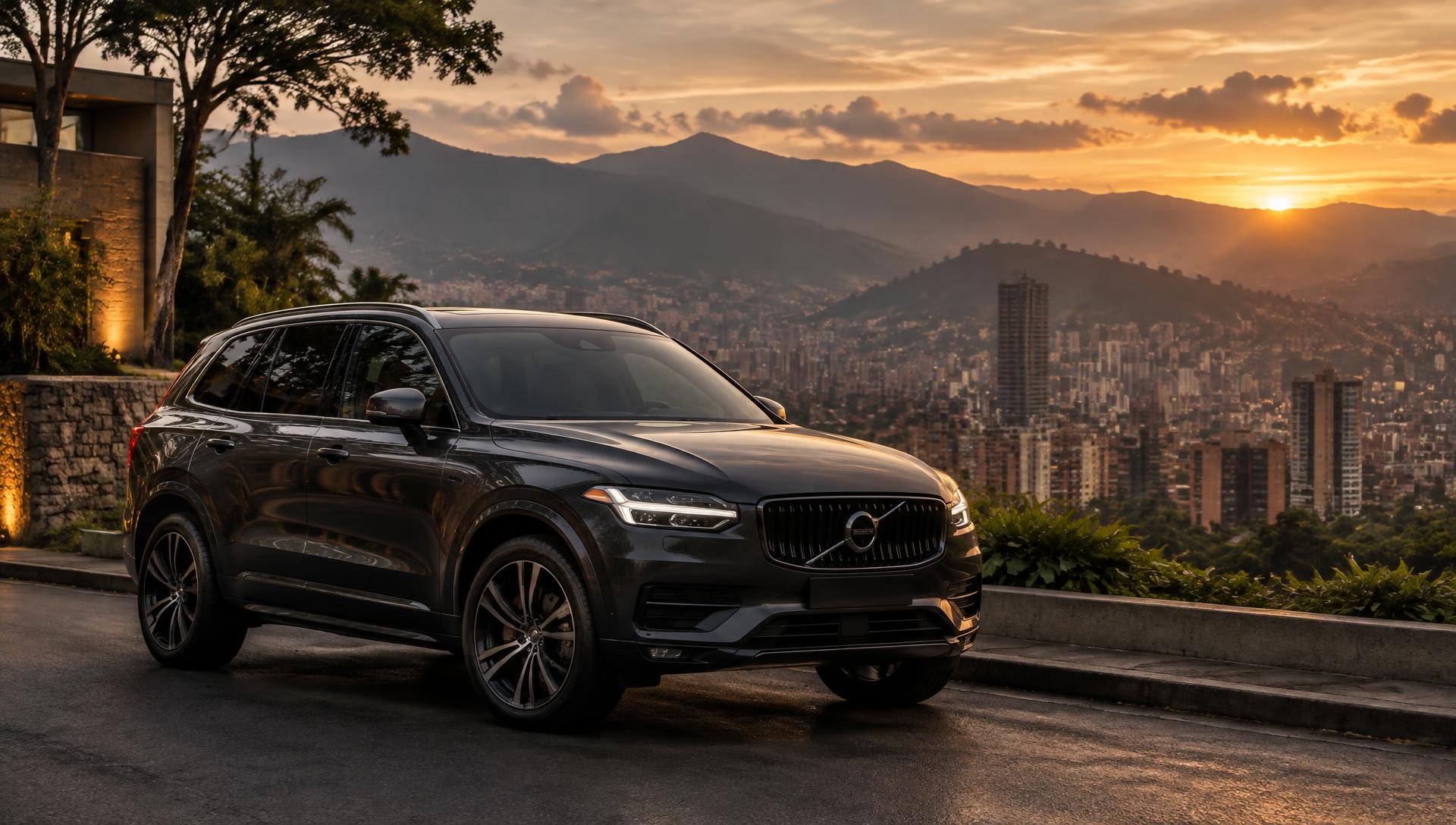 Vehículo premium con el skyline y las montañas de Medellín al atardecer